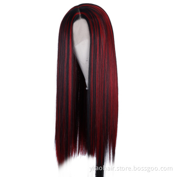 Lace Front Wigs Straight Synthetic Wig Middle Part Burgundy color with highlights for Women  synthetic hair wigs with highlights